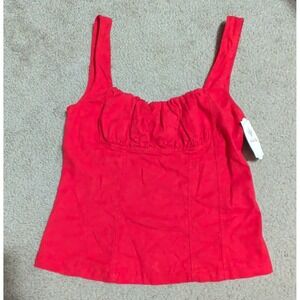 Amber Sky Women's Red Ruched Square Neck Linen Viscose Cami‎ Tank Top S